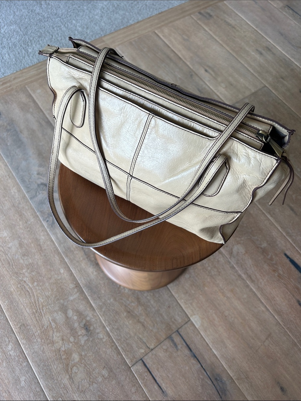 HOBO Cream Leather Shoulder Bag with Brown Trim